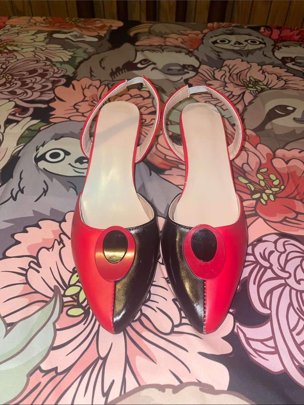 Red & black color block sling back heels (42=8.5)